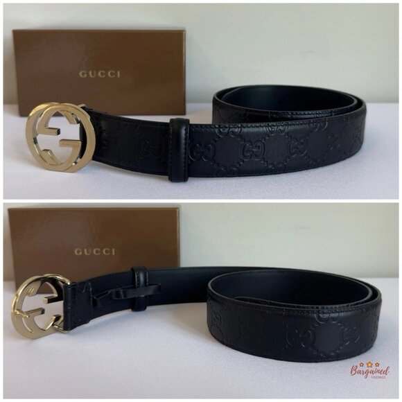 Authentic Gucci Black Guccissima Leather Gold Interlocking G Buckle Belt 75/30 - Picture 8 of 13